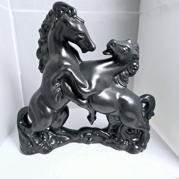 Black Ceramic Fighting Stallions Signed 1982 Mid-Century Modern Studio Art - Picture 2 of 6